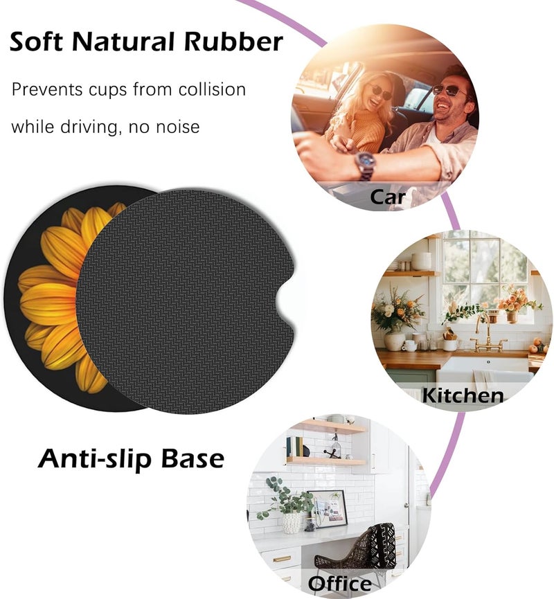 KARREAL 2 Pcs Car Cup Coasters, Sunflower Universal Non-Slip Rubber Car Coasters for Cup Holders 2.75 inch, Car Interior Accessories for Women - Image 5